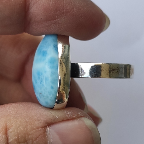 Solid Sterling Silver Pear Larimar Ring Sz 7.75 - Picture 7 of 14